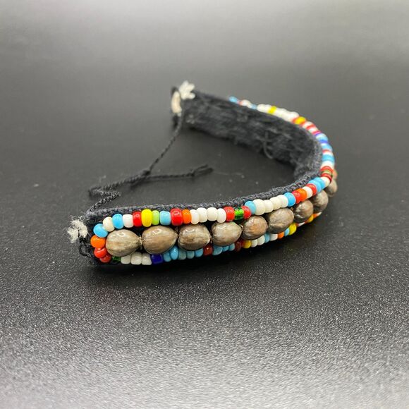 Shell & Glass Seed Bead Black Cloth Adjustable Handmade Unisex Bracelet - Picture 3 of 5